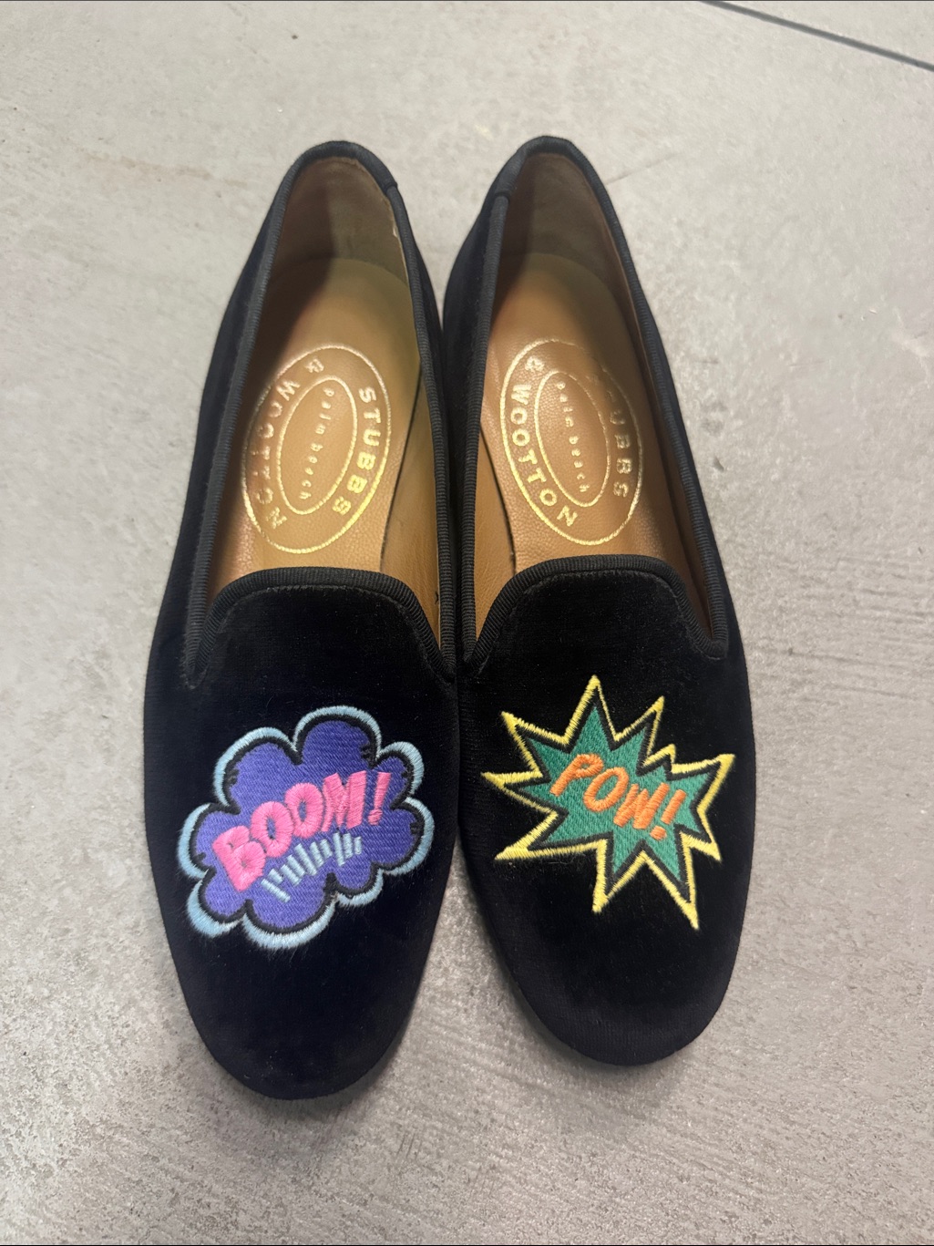 Stubbs & Wootton Black Velvet Comic Embroidered Slipons Boom Pow
